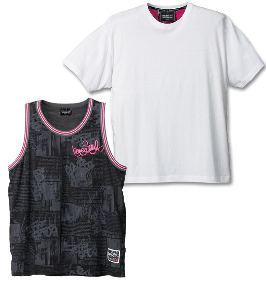 b-one-soul 総柄タンクトップ+Tシャツ半袖 ブラック×ホワイト