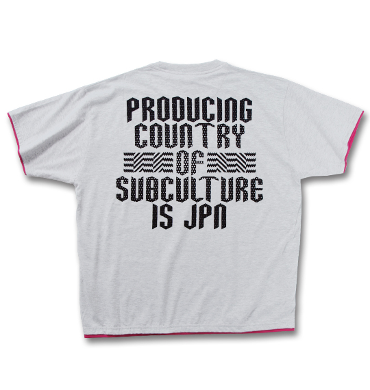 RIMASTER 箔&昇華転写プリント半袖Tシャツ モクグレー×ピンク