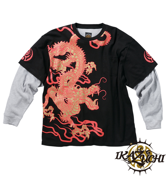 雷IKAZUCHI フェイクTシャツ ブラック×モクグレー