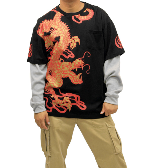 雷IKAZUCHI フェイクTシャツ ブラック×モクグレー