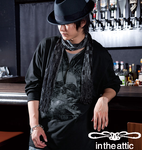 in the attic WファスナーヘンリーTシャツ ブラック×杢チャコール