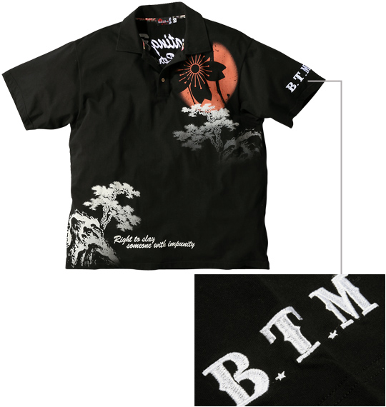 絡繰魂抜刀娘 荒波に牡丹ポロシャツ(半袖) ブラック