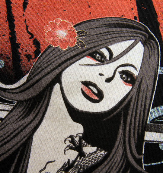 絡繰魂抜刀娘 荒波に牡丹ポロシャツ(半袖) ブラック