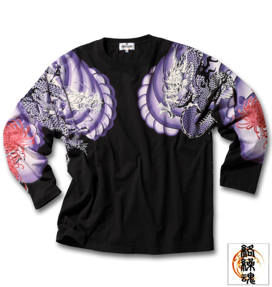 絡繰魂 双龍刺青菊刺繍Tシャツ(長袖) ブラック
