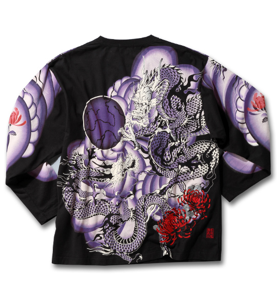 絡繰魂 双龍刺青菊刺繍Tシャツ(長袖) ブラック