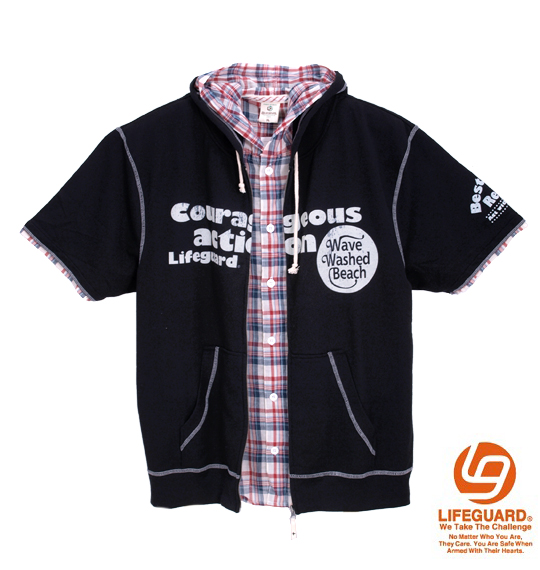 LIFE GUARD フェイクレイヤード半袖フルジップパーカー ブラック