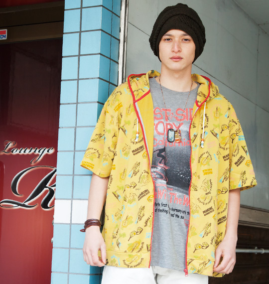 Greengates サーフプリント半袖Tシャツ 杢グレー