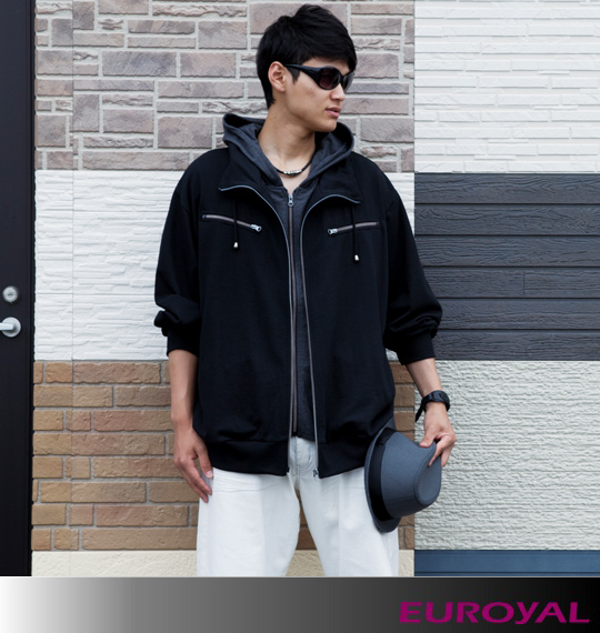 EUROYAL ボリュームネックフェイクパーカージャケット ブラック