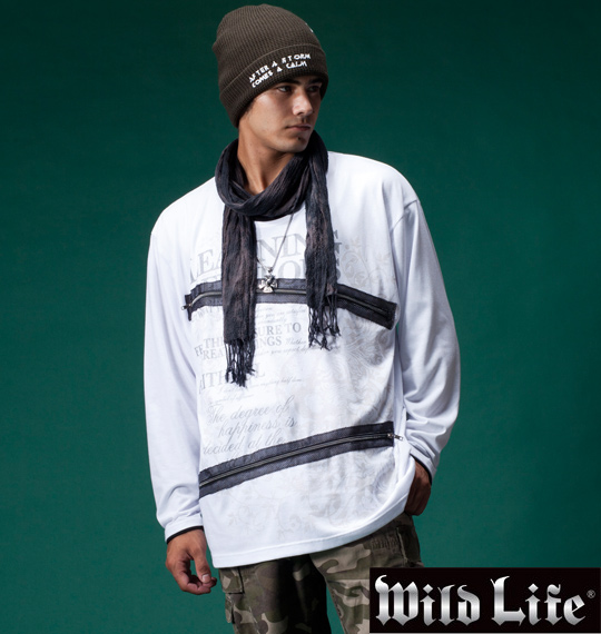 WILD LIFE ジップ&メッシュ使いフェイク長袖UTシャツ ホワイト