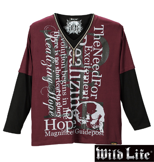 WILD LIFE ジップ使いフェイク長袖VTシャツ ワイン×ブラック