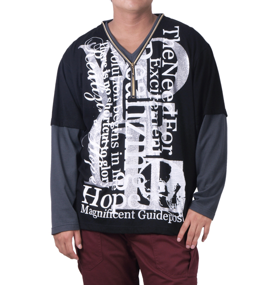 WILD LIFE ジップ使いフェイク長袖VTシャツ ブラック×チャコール