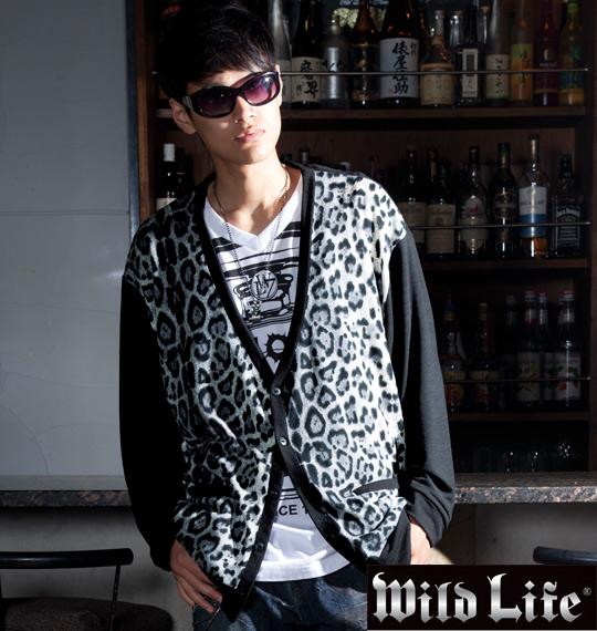 WILD LIFE 総柄切替カーディガン+半袖VTシャツ グレー系×ホワイト