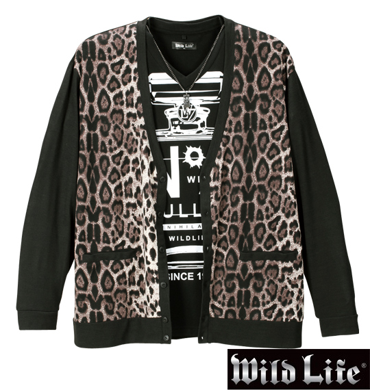 WILD LIFE 総柄切替カーディガン+半袖VTシャツ ブラウン系×ブラック