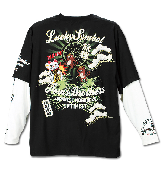 絡繰魂旅狸 ポンズフェイクレイヤード長袖Tシャツ ブラック×ホワイト