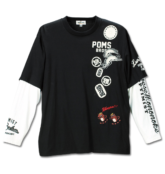 絡繰魂旅狸 ポンズフェイクレイヤード長袖Tシャツ ブラック×ホワイト