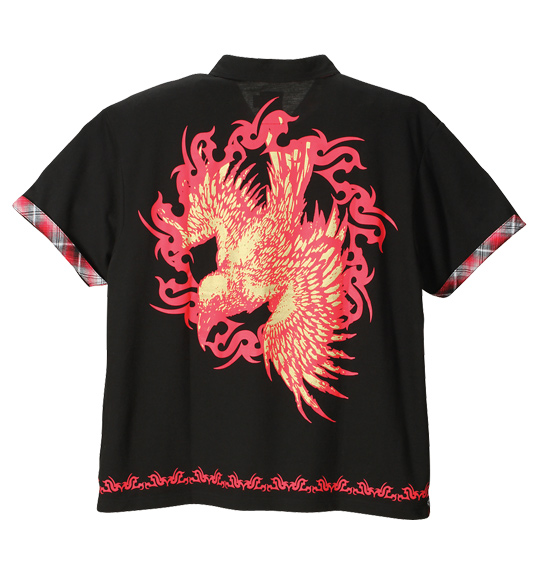 雷IKAZUCHI チェック使い半袖ポロシャツ ブラック