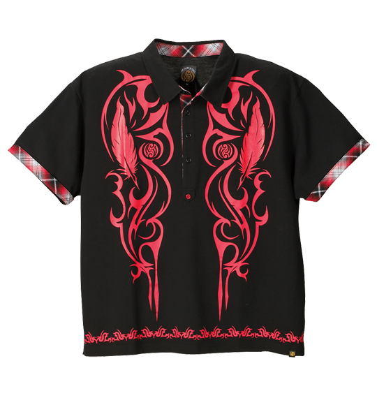 雷IKAZUCHI チェック使い半袖ポロシャツ ブラック