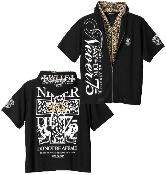 WILD LIFE Wフロント半袖フルジップパーカー ブラック