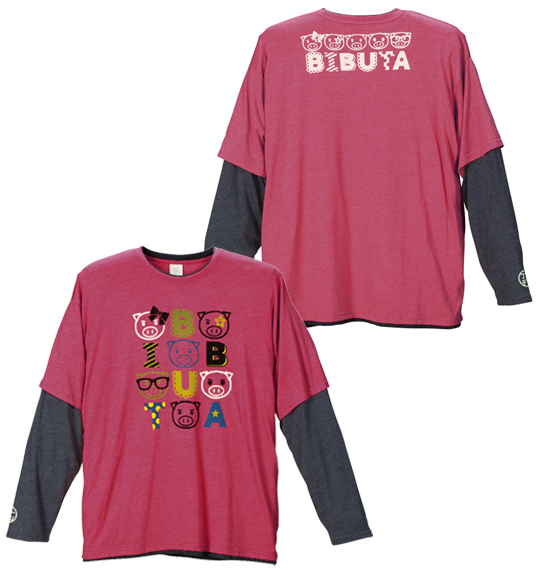 豊天 フェイクレイヤード長袖Tシャツ レッド×チャコール