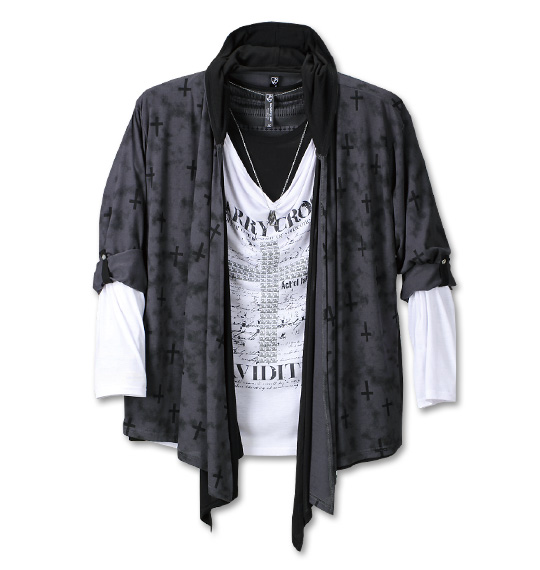 launching pad フェイクフードカーデ+長袖Tシャツ チャコール×ホワイト