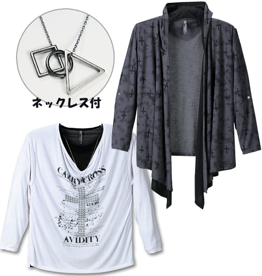 launching pad フェイクフードカーデ+長袖Tシャツ チャコール×ホワイト