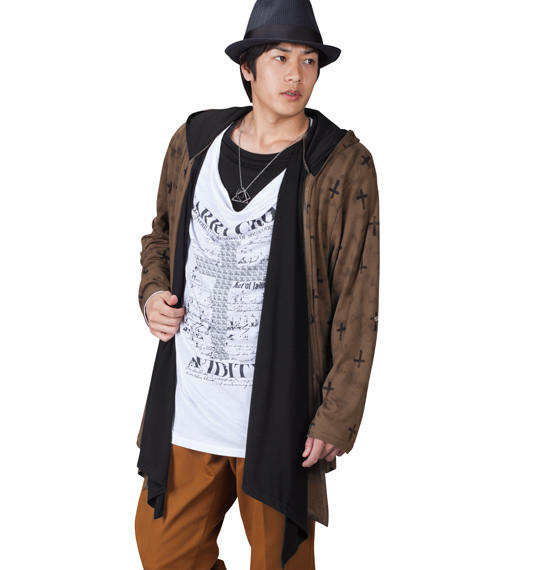 launching pad フェイクフードカーデ+長袖Tシャツ ライトブラウン×ホワイト