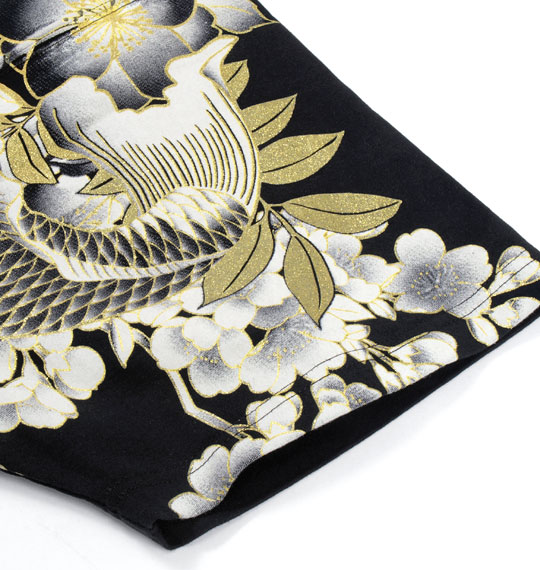 絡繰魂 富士に登鯉刺繍半袖Tシャツ ブラック