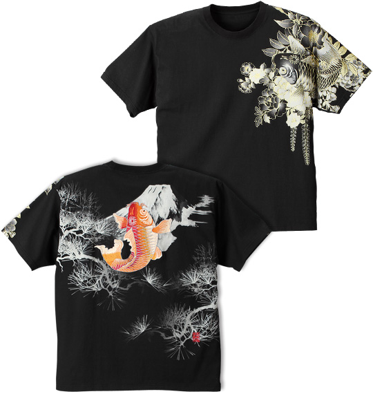 絡繰魂 富士に登鯉刺繍半袖Tシャツ ブラック
