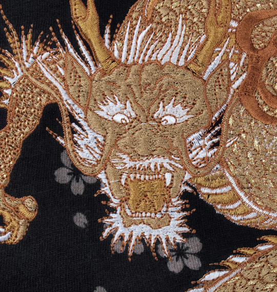 絡繰魂 流れ熨斗に龍刺繍長袖Tシャツ ブラック