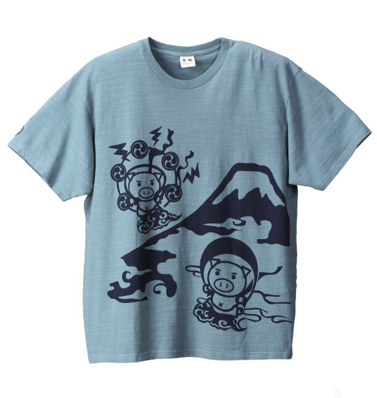 豊天 富士山風神雷神柄半袖Tシャツ ブルーグレー