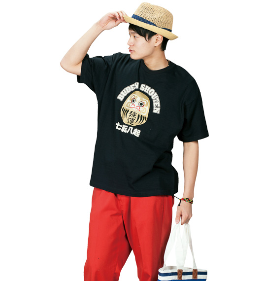 豊天 金達磨柄半袖Tシャツ ブラック