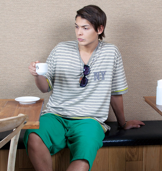 Greengates ボーダー半袖VTシャツ モクグレー×オフホワイト