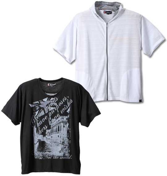 EUROYAL 半袖フルジップパーカー+フェイク半袖UTシャツ ホワイト×ブラック