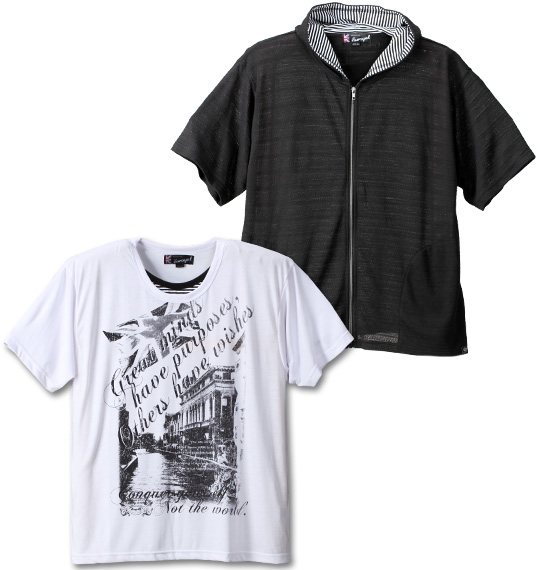 EUROYAL 半袖フルジップパーカー+フェイク半袖UTシャツ ブラック×ホワイト