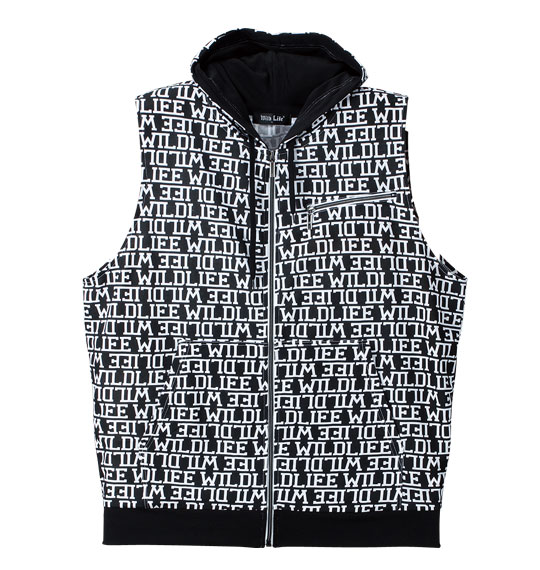 WILD LIFE 総柄パーカーベスト+長袖VTシャツ ホワイト×ブラック