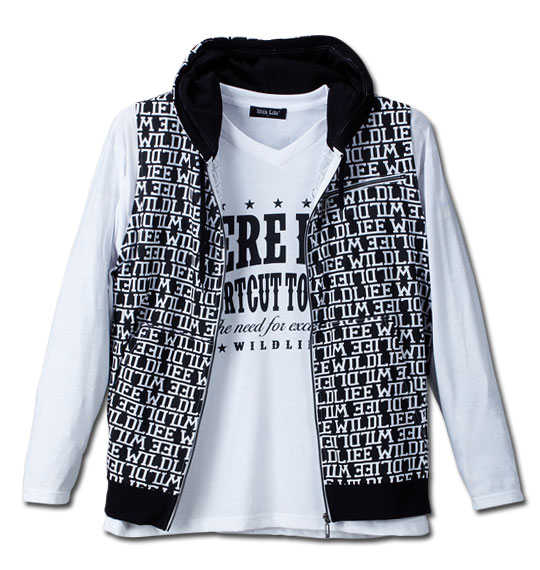 WILD LIFE 総柄パーカーベスト+長袖VTシャツ ホワイト×ブラック