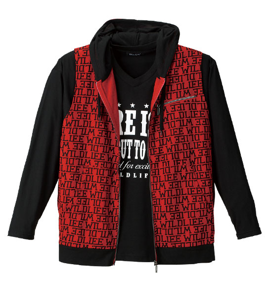 WILD LIFE 総柄パーカーベスト+長袖VTシャツ ブラック×レッド