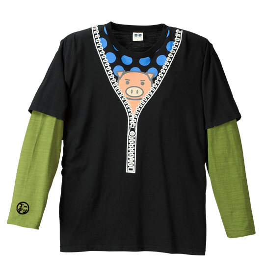 豊天 ファスナー美豚柄フェイクレイヤード長袖Tシャツ ブラック×グリーン