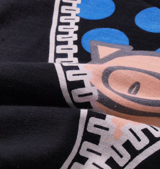 豊天 ファスナー美豚柄フェイクレイヤード長袖Tシャツ ブラック×グリーン