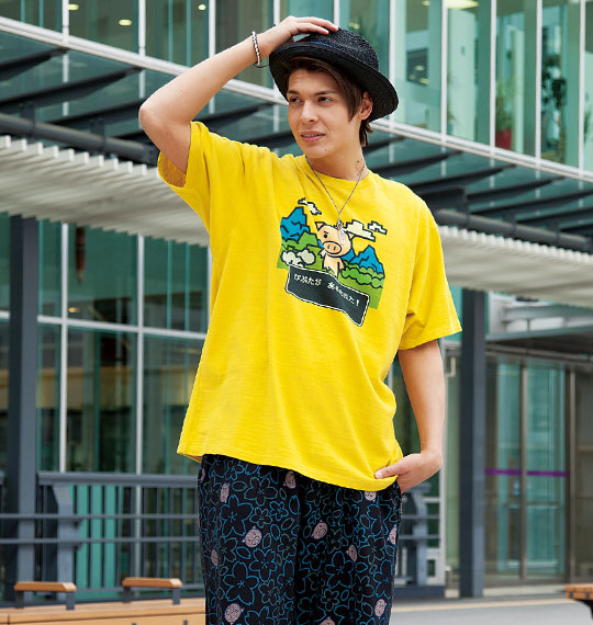 豊天 ブタクエ柄半袖Tシャツ マスタード