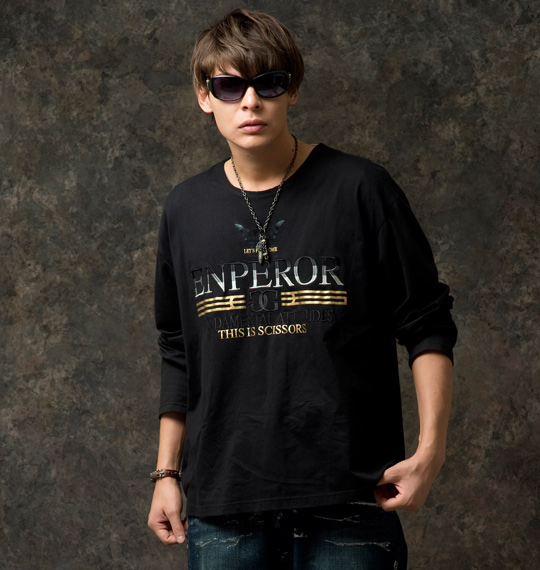 scissors 箔プリント&刺繍クラウン長袖Tシャツ ブラック