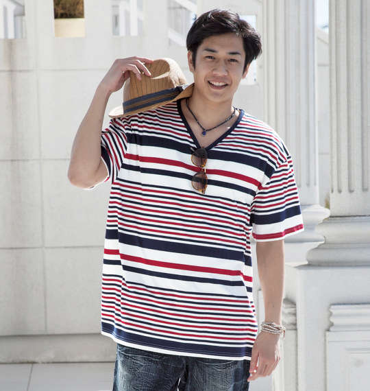 LOUXS UNION WORKS ランダムボーダー半袖VTシャツ オフホワイト×レッド