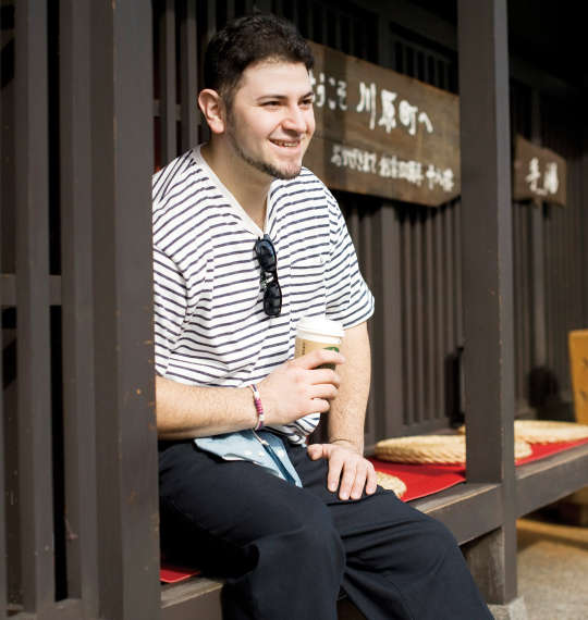 Timely Warning インディゴ風タックボーダー半袖Tシャツ オフホワイト