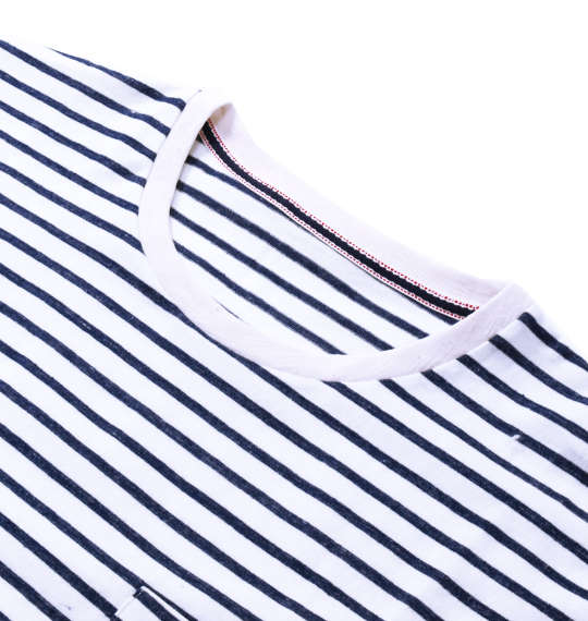 Timely Warning インディゴ風タックボーダー半袖Tシャツ オフホワイト