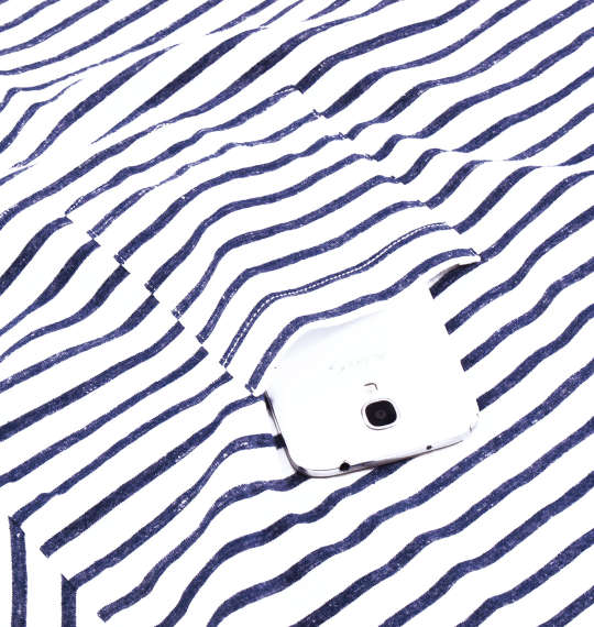 Timely Warning インディゴ風タックボーダー半袖Tシャツ オフホワイト