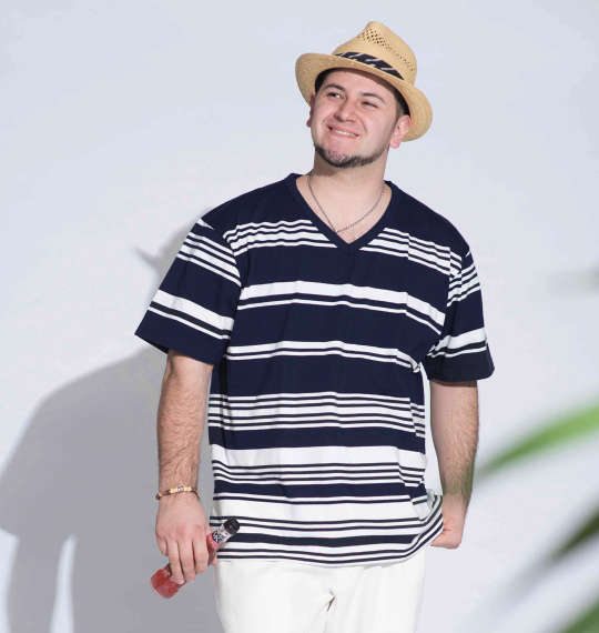 Beno ランダムボーダー半袖VTシャツ ネイビー×オフホワイト