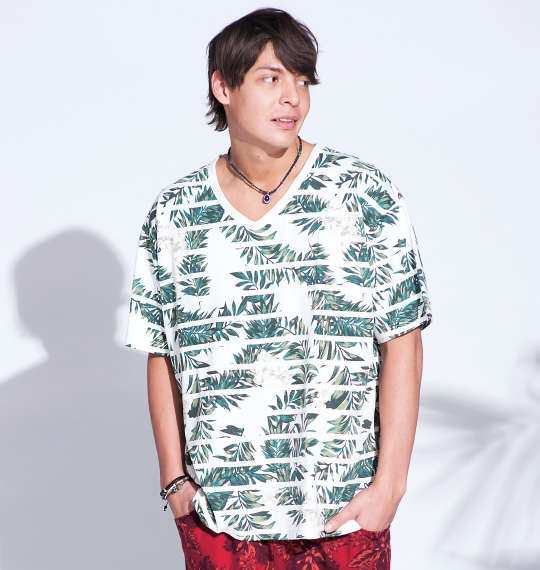 Beno ボタニカルボーダー半袖VTシャツ ホワイト×ブルー