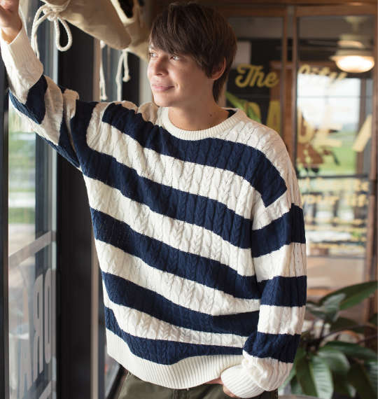 NAVAL ケーブルボーダークルーセーター オフホワイト×ネイビー