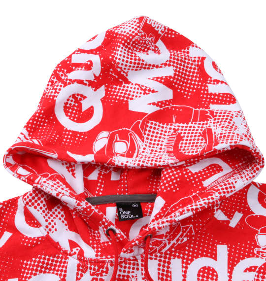 b-one-soul DUCK DUDE総柄プルパーカー ロゴレッド