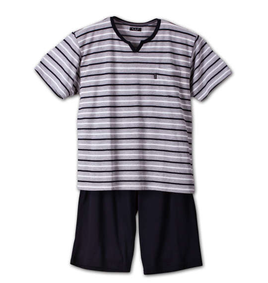 a.v.v HOMME 梨地ボーダー半袖Tシャツ+ハーフパンツ モクグレー×ネイビー